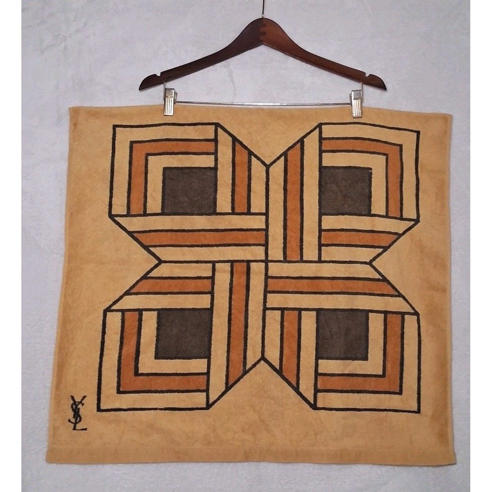 Vtg 70s Yves Saint Laurent x Fieldcrest Yellow Gold Geometric Bath Towel 26"x47"
